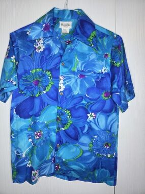 Hawaii Nei Honolulu Vintage Hawaiian Aloha Shirt Men's S Blue Floral Button Up